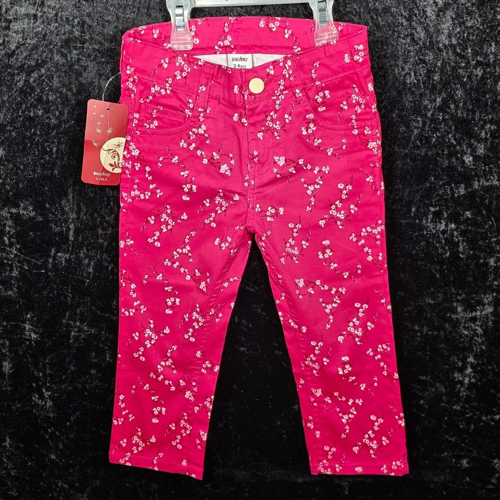 Easybuy Girls Cherry Bloosom Pink Floral Print Jeans Size 3-4 Years NWT